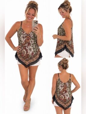 B&B Olive Floral Handkerchief Hem Cami Top